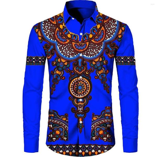 Herren-Freizeithemden, 3D-gedruckte Knopfblusen, trendige afrikanische Herren-Umlegekragen, kurze/volle Ärmel, Übergröße, Herren, ethnisch