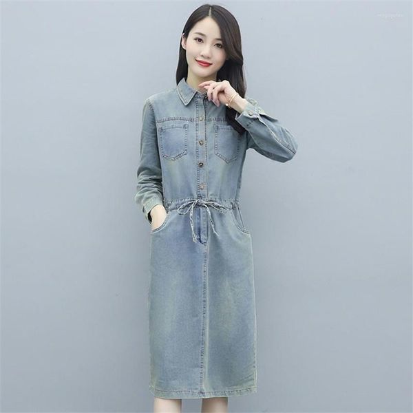 Abiti casual 2023 Spring Fashion Vintage Denim Dress Women Long Sleeve Midi-calf Embroidery Designer Jeans Vestidos