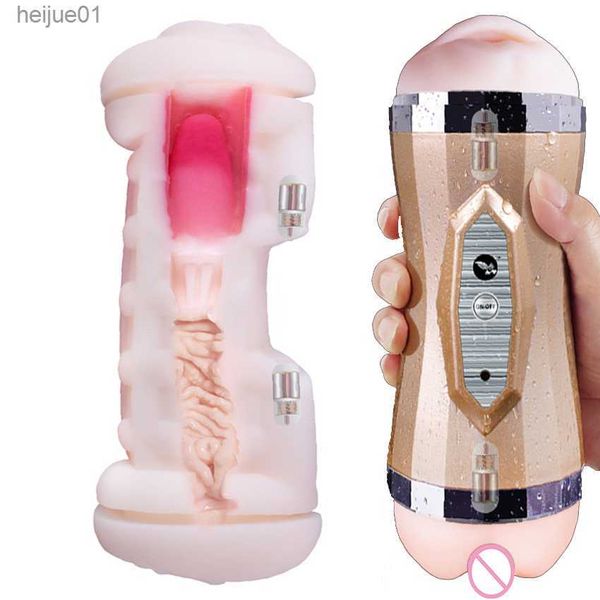 Buraco duplo vagina real bolso buceta oral garganta profunda com língua masturbador copo vibrador brinquedos sexuais para homens adultos com gemido l230518