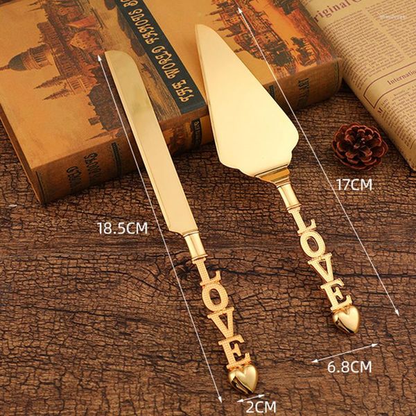 Set di stoviglie 2 pezzi/set manico a forma di cuore taglierina per torta lama pala d'oro coltello da cucina per feste set di server per matrimoni