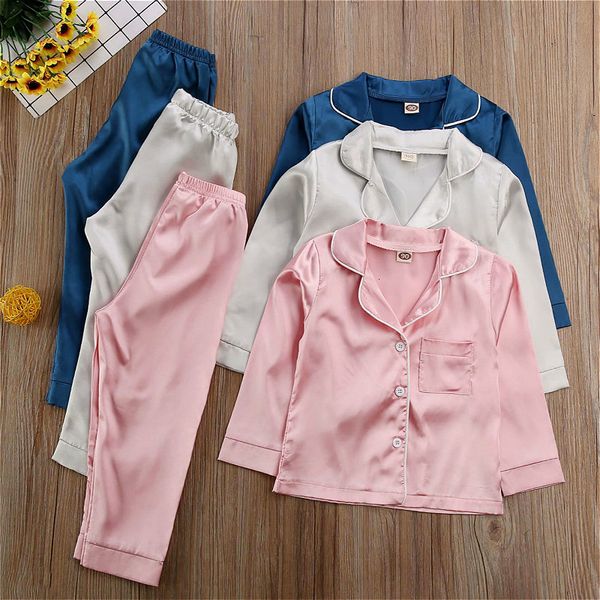 Пижама 17y детские девочки мальчики для мальчиков Silk Satin Set Kids Long Rineve Buttondown Pajams Sleepear Nightwear Летняя осень 230601