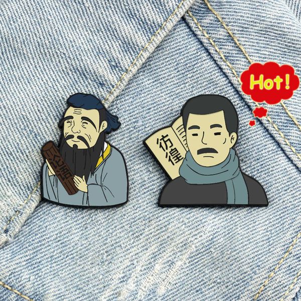 Chinesische berühmte Charakter Broschen kreative lustige Cartoon Emaille Pin Schriftsteller Lu Xun Denker Konfuzius Abzeichen Tasche Lapel Pins Schmuck Schmuck