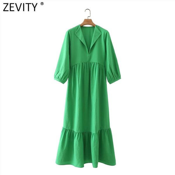 Vestidos zevity novas mulheres moda vos pescoço bainha prega de babados verdes midi off office chic ladies de três quartos de manga casual vestido ds8664