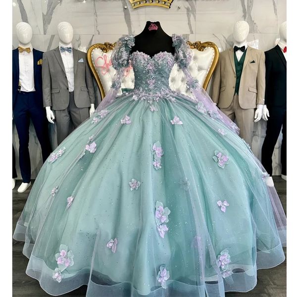 Leichte Quinceanera Prinzessin Grüne Kleider D Blumen Perlen Applique Langarmed Schnüre -up Korsett süße Kleiderparty Verschleiß xv