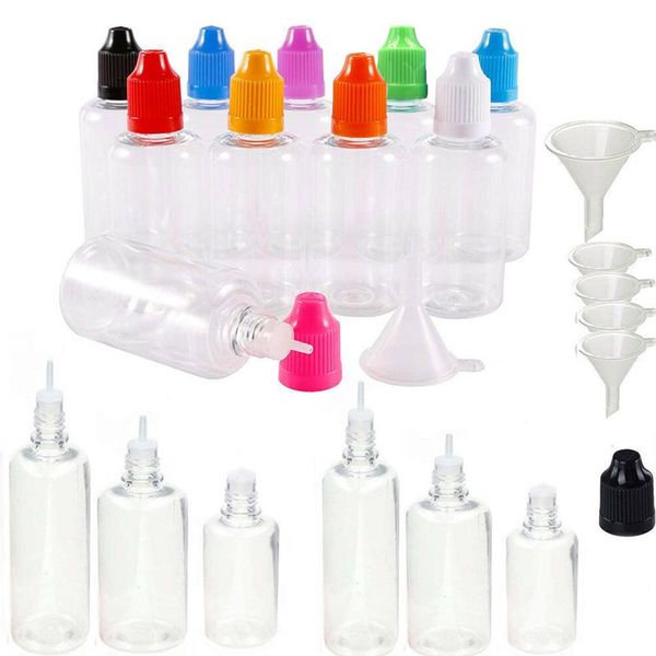 Bottiglie 100pcs 5ml/10ml/15ml/20ml/30ml/50 ml/100 ml Pieto di plastica vuoto E bottiglie di gocce liquida bottiglie succo bottiglia per occhio tappo per punta lunga con imbuto/imbuto