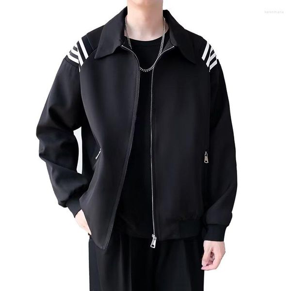 Jaquetas masculinas 2023 outono casaco masculino preto branco vintage gola virada para baixo listra contrastante casual jaqueta bomber faculdade roupas superiores