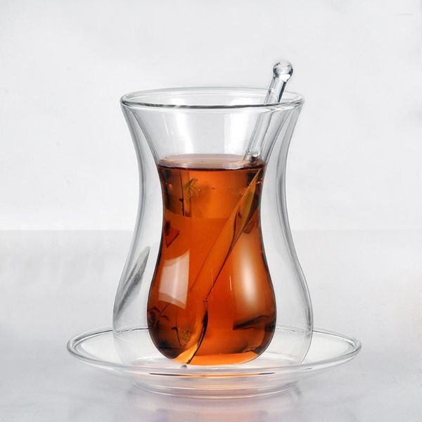 Tassen Untertassen Türkische Bohea Doppelwandiges Glas Isolierte Thermo-Café-ESPRESSO-S-Kaffeetasse Beauty-Tasse Untertasse Teelöffel-Sets Teetasse