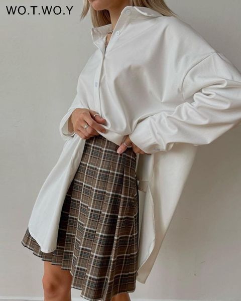 Dresses Wotwoy High Waist Pleated Short Skirt Women Casual A Line Brown Plaid Mini Skirts Female Haruku 2023 Korean Style Kawaii Skirt