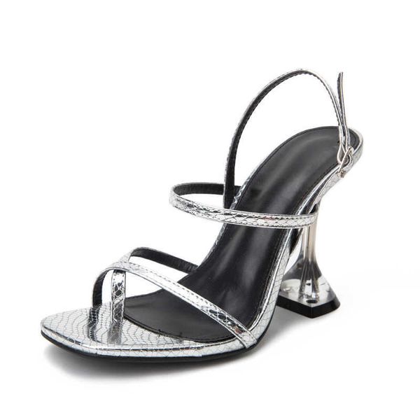 Sandalen Neue Design Silber Schlange Korn Transparent Plexiglas Kristall High Heels Frauen Sexy Peep Toe Knöchel Schnalle Riemen Schuh 230511