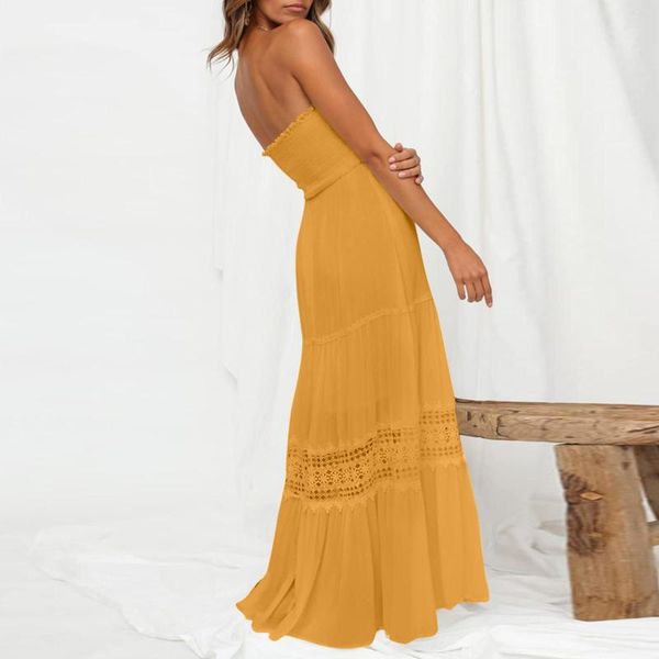 Freizeitkleider für Damen, Sommer, Bohemian-Stil, trägerlos, schulterfrei, Spitzenbesatz, rückenfrei, fließend, A-Linie, Strand, langes Maxikleid