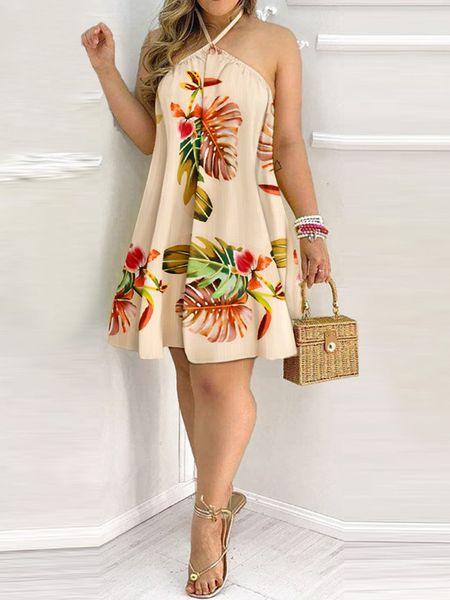 Temel gündelik elbiseler tropikal baskı yular sırtsız gündelik elbise kadınlar askısız yaz elbise 230531