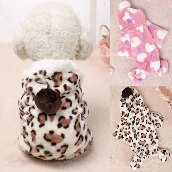 Abbigliamento per cani Pet Puppy Cat Clothes Fleece Leopard Peach Heart Print Costume Cappotto Tuta Felpa con cappuccio Capispalla per forniture per cani di piccola taglia