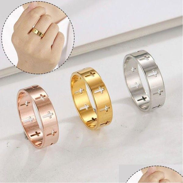 Bandringe Titanstahl Hohl Kreuz Ring Religion Schmuck Finger Dekor für Frauen Paar Kreative Party Verlobung Geschenk Drop Delive Dhwan