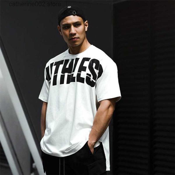 Camisetas Masculinas Oversized T-shirt Masculina Ombros Caídos Manga Curta Fitness T-Shirt Masculina Malha de Verão Solta Roupas de Academia Bodybuilding Tops T230601