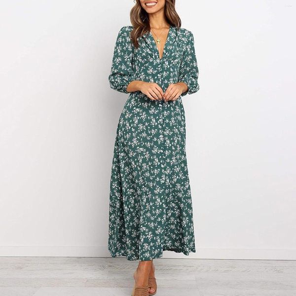 Abiti casual 2023 Autunno Maxi Boho Dress Women Bohemian Long Party Ladies Viscose Floral Print Beach For