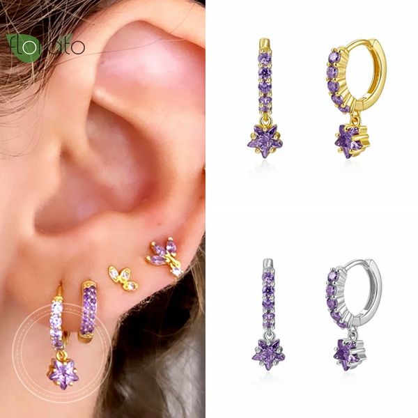 925 Sterling Silber Nadel Elegante Amethyst Anhänger Creolen für Frauen Niedliche Stern Gold Ohrringe Hochzeit Luxus Schmuck Geschenke