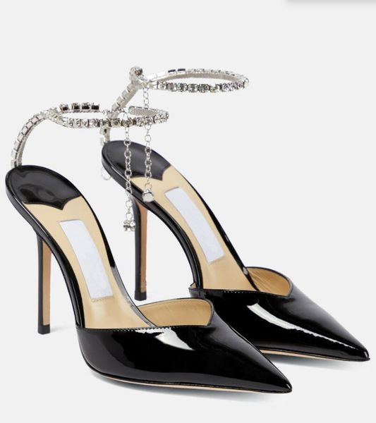 Décolleté estivi donna sandalo sandali firmati di lusso Saeda tacchi alti 100mm bianco nero vernice scarpe da sposa scarpe da sposa punta a punta cinturino in cristallo tacchi sexy