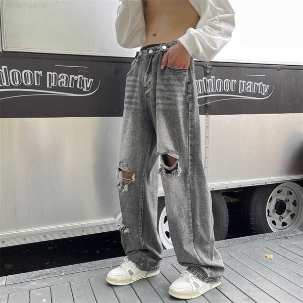 2023 Дизайнерские винтажные модные уличные брюки Хип -хоп разорванные джинсы ins легкие зрелые прямой ноги для menpkq