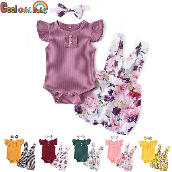 Conjuntos de roupas nascidos bebê menina conjunto de roupas de verão infantil roupas de cor sólida macacão flor shorts bandana moda 3 pçs para criança 230601