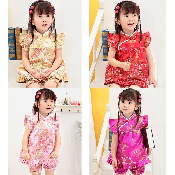 Kleidungssets Gold Mädchen QIPAO Sets Sommer Baby Mädchen Kleidung Set Kinder Kleidung Top Qualität 0 1 2 3 4 Jahre Rose Blumenmädchen Kleid 230531