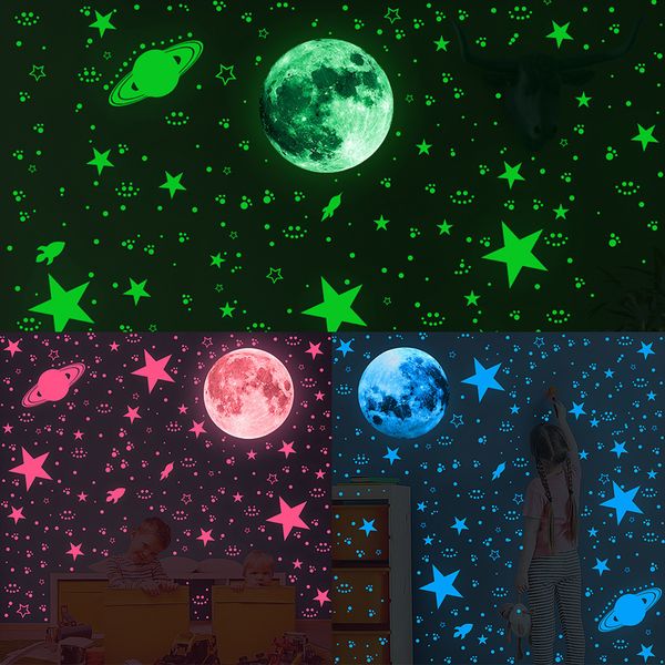 Led Rave Toy 435930pcs Luminous 3D Star Moon Dot Adesivos de Parede Brilham no Escuro Quarto das Crianças Quarto Teto Decoração da Casa Fluorescente 230531