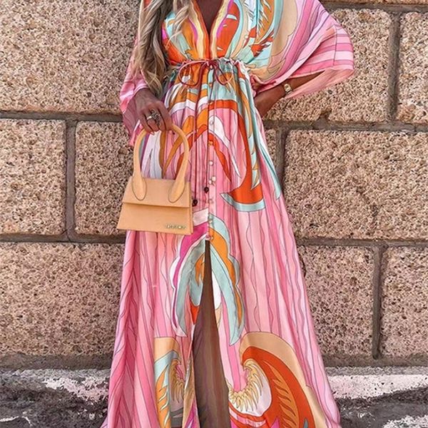 Temel gündelik elbiseler yaz baskısı rahat kadınlar büyük boy tatil plaj elbisesi boho uzun örtü elbise kadın uzun kollu gevşek tunik elbise 230531