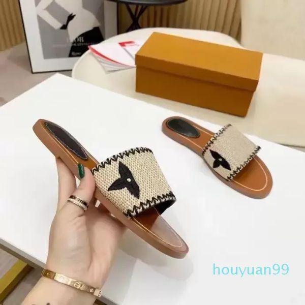 2023 Mulheres Louisity Chinelos Sapatos deslizantes para banquetes ao ar livre de alta qualidade Pp Straw Summer Leather Sandals Multicolor Flat Heal Heal Mule Letter Size 35-42 GGity