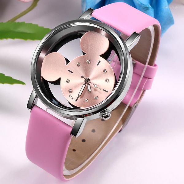 Orologi da polso 2023 's Women Hollow Out Orologi trasparenti Fashion Cartoon Mouse Watch Cinturino in pelle bianca da polso al quarzo per donna