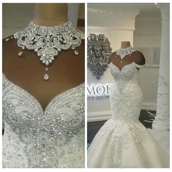 Immagini reali di lusso Dubai arabo sirena abiti da sposa perline cristalli corte dei treni plus size abiti da sposa da sposa personalizzati BA8274280v