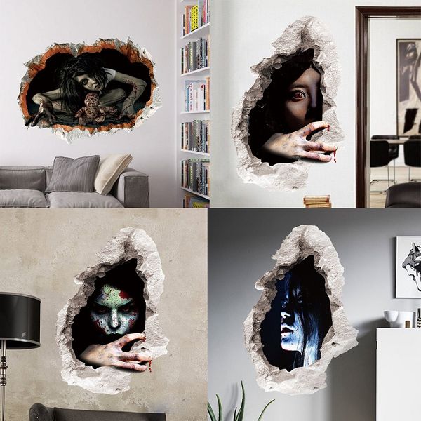 Schreckliche blutige Frauen-Wandaufkleber für Halloween-Festival-Heimdekoration, 3D-lebendige gebrochene Loch-Wandkunst, DIY-PVC-Abziehbilder