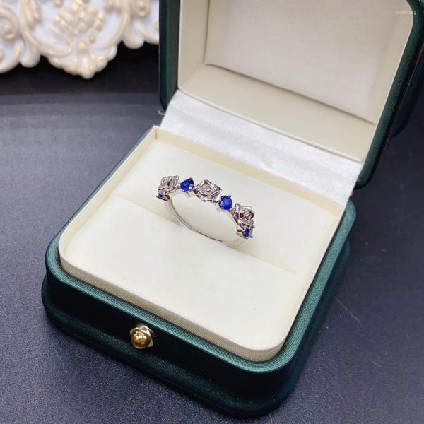 Cluster-Ringe, natürlicher Saphir-Blumenring, 925er Silber, zertifiziert, 3 x 3 mm, blauer Edelstein, hübsches Mädchen-Geschenk