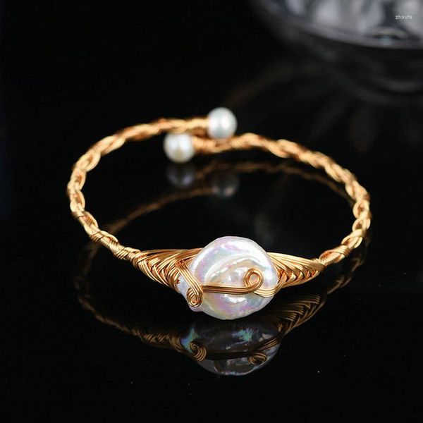Bracciale rigido 2023 Polsino originale con ciondolo in perla barocca naturale placcato in oro 14 carati fatto a mano