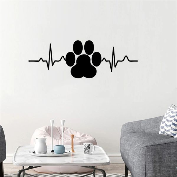 Impressão de pata de cachorro Batimentos cardíacos Arte em vinil para decoração de casa Adesivos de parede para pet shop Veterinário Decalques para janelas Murais removíveis Papel de parede