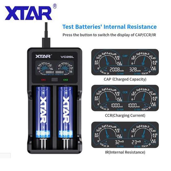 Original XTAR VC2SL Intelligentes Universal-Smart-Batterieladegerät Lithiumbatterien Dual 2 Steckplätze USB Typ C Schnellladung für Li-Ion Ni-MH Ni-Cd 18650 21700 20700 VC2