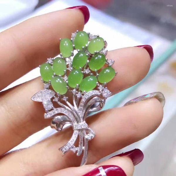 Gioielli per il corpo Spilla con gemma di diaspro verde naturale S925 Gemma d'argento alla moda Fiori eleganti Regalo per ufficio da donna Fine