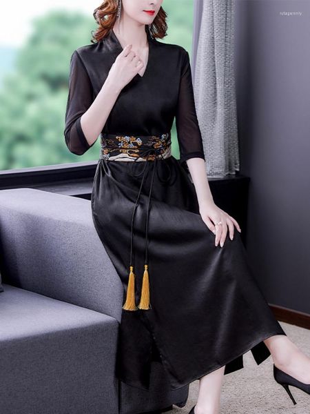 Vestidos casuais primavera verão manga longa vestido elegante 2023 coreano vintage feminino preto bordado jacquard midi