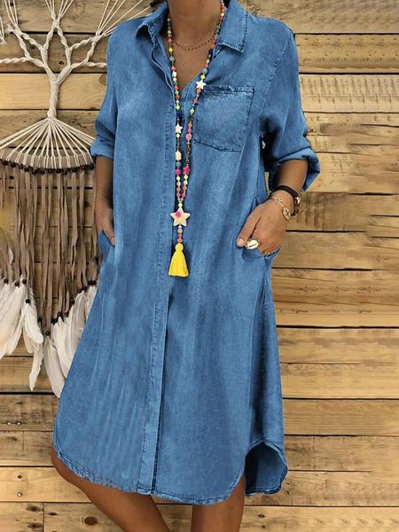 Kleider Denim Shirt Rock Damen mittelgroße Tasche Denim Kleid Knie Länge Kleid Sommer Neue Feste Farbe Single Breasted gerade Rock