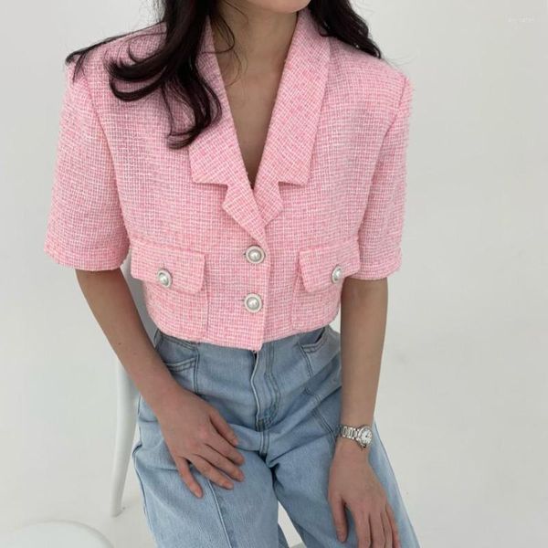 Kadın Ceketleri Kadın Yaz Tweed Ceket Mahsul Üst Düğme Üst Düzey Up Bayanlar Kırpılmış Kıyafetler Seksi Y2K Kore Giyim Kısa Kollu Taşar