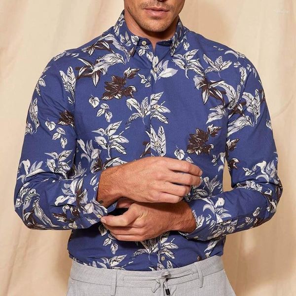 Herren T-Shirts Blau Herren Kausal Langarm Camisa Floral Masculina Blume Bedrucktes Kleid Hemd Männlich Top Social Prom Party Streetwear