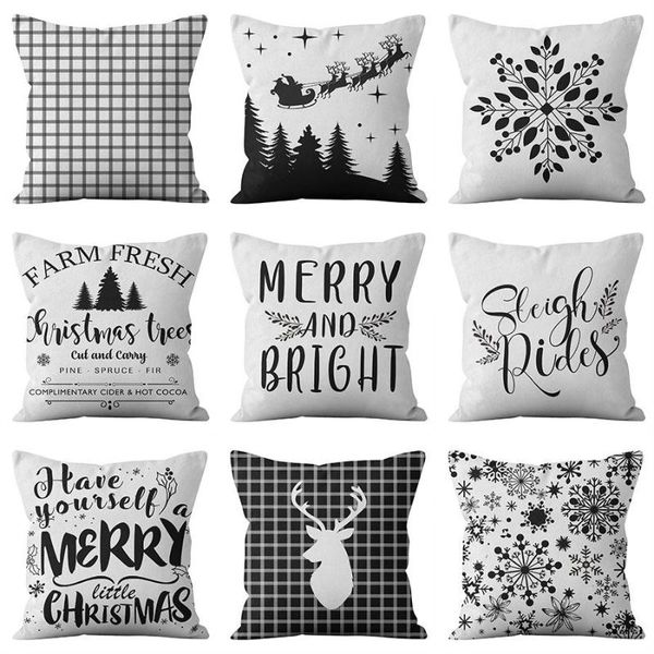 Federa per cuscino Merry Christmas Decor Throw Black White Grid Check Tartan Cushion Covers per la casa Divano Sedia Federe decorative
