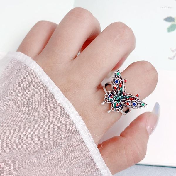 Cluster Rings Vintage 925 Sterling Silver Esmalte Stereoscopic Butterfly Ring Para Mulheres Étnico Oco Camada Dupla Inseto Ajustável Aberto