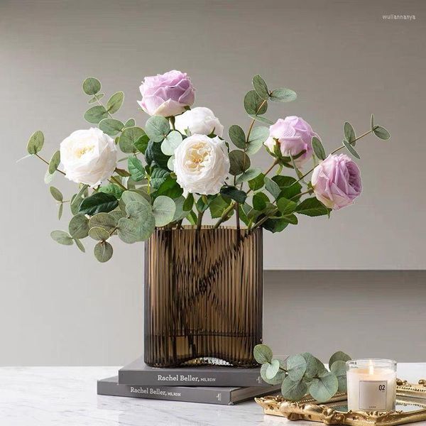 Dekorative Blumen Pfingstrosen-Arrangement (6 Stück Rose, 3 Stück Eukalyptus), Latexbeschichtung, Blütenblatt, künstlicher Blumenstrauß, Hochzeitsdekoration, Event –