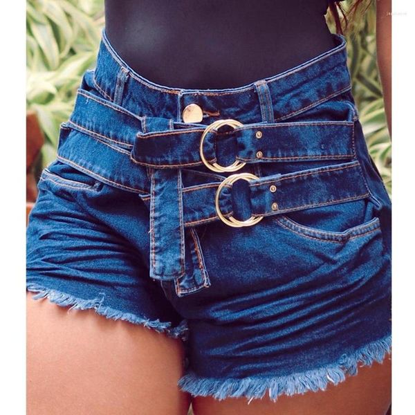 Женские джинсы Wepbel Stitching Frayed Tought Denim Shorts вымыты летние сексуальные короткие женщины с двойным ремнем.