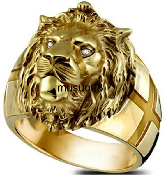 Anelli a fascia New Golden Lion Head Ring Acciaio inossidabile Cool Boy Band Party Lion Prepotente Testa d'oro da uomo Gioielli unisex all'ingrosso J230602