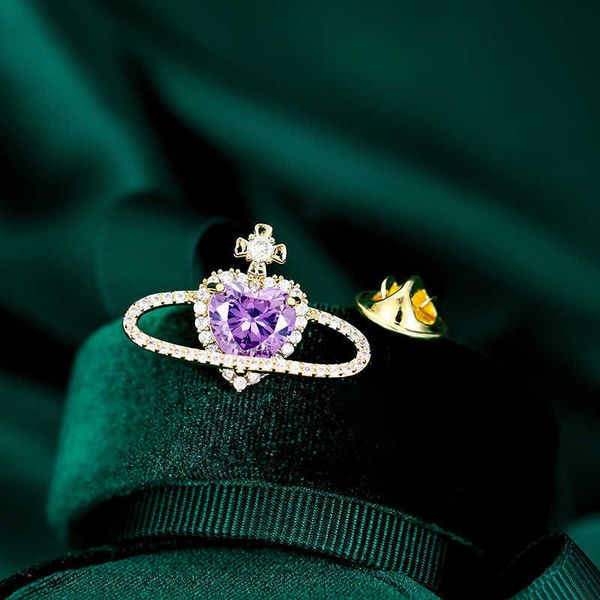 Alfinetes broches femininos elegantes, cristal roxo, bonito, em forma de coração, adequado para broche de liga de zircônio dourado de luxo feminino, pino de segurança G230529