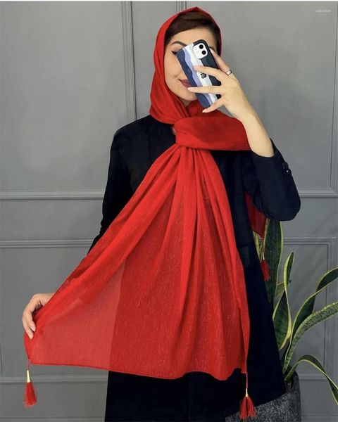 Abbigliamento etnico Musulmano Crinkle Hijab Shinny Nappa Sciarpa Chiffon pesante Scialli in crêpe morbida Foulard arabo modesto Tinta unita Foulard Femme