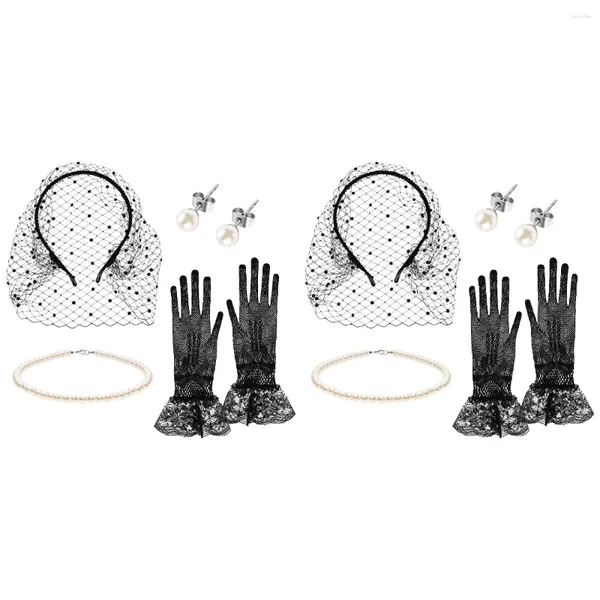 Bandanas set 2 kafa bandı eldiven kolye siyah eldiven kadınlar inci küpe saplamaları peçe düğün plastik büyüleyiciler çay partisi gelini