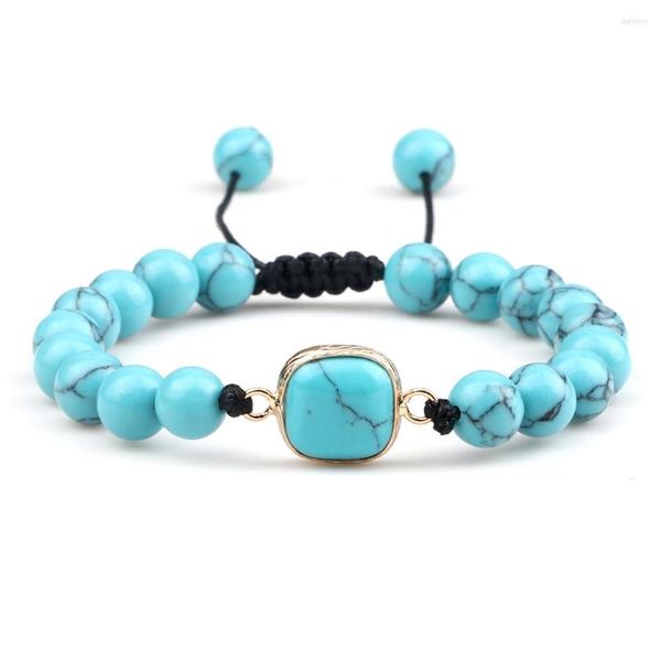 Pulseira com contas de 8 mm de corrente, pedra natural, azul claro, feita à mão, corda ajustável, pulseiras trançadas para mulheres e homens