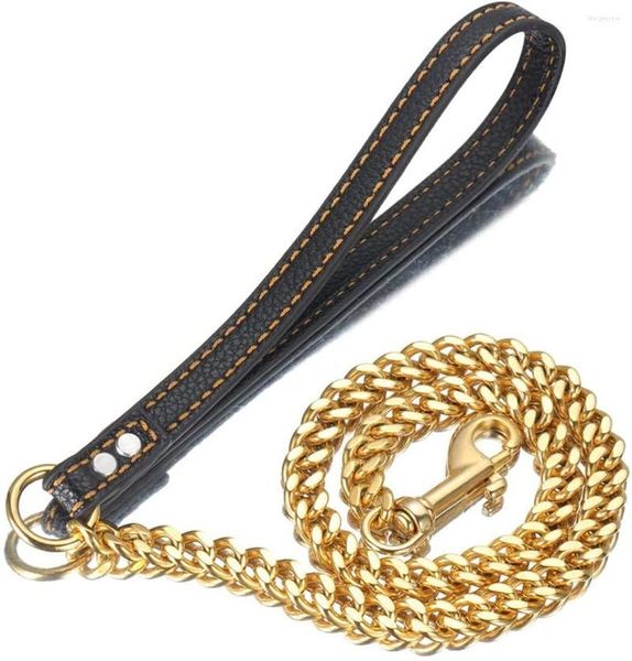 Coleiras para cães 12 mm de largura tom de prata/tom de ouro 316L freio de aço inoxidável cubano elo corrente com alça de couro treinamento de caminhada para cães