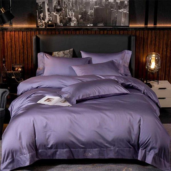 Set biancheria da letto per hotel in tinta unita Copripiumino copripiumino in morbido cotone egiziano King Size Copripiumino ricamato viola